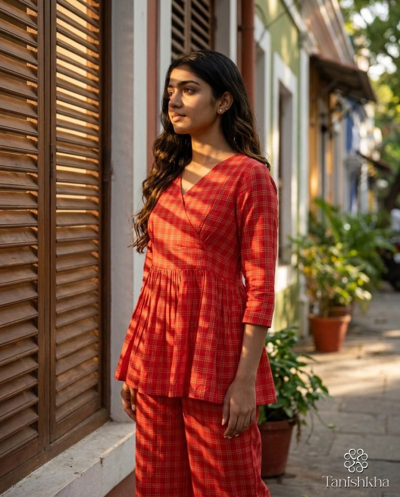Cherry Check Red Gingham Peplum Co-ord Set – Red – view 7