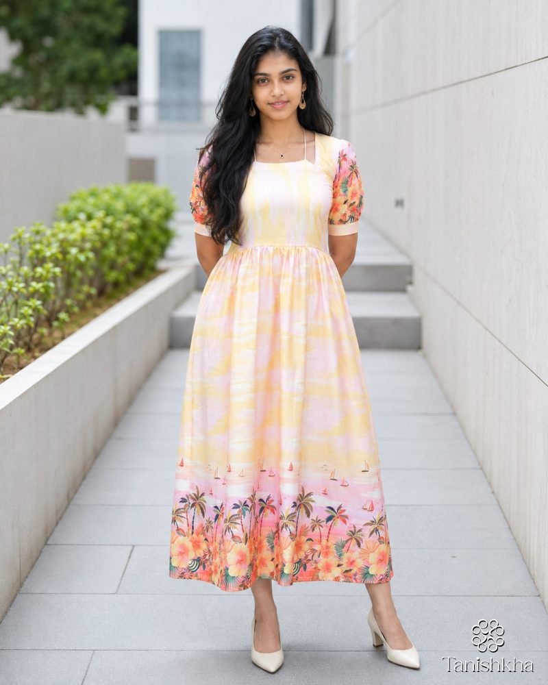 Tropical Sunset Printed Rayon Midi Dress – Dress, Peach Yellow #F5C98A