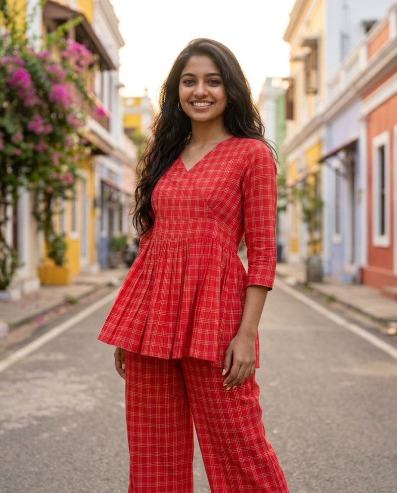Cherry Check Red Gingham Peplum Co-ord Set – Kurti Set