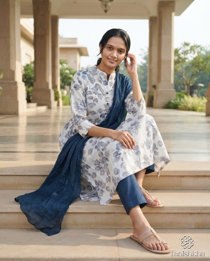 Ivory Leaf Print Kurta Set with Navy Dupatta – Ivory & Navy – view 7