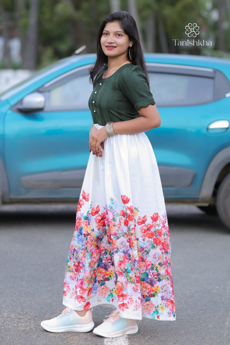 Floral Bliss – Bottle Green and White – view 7