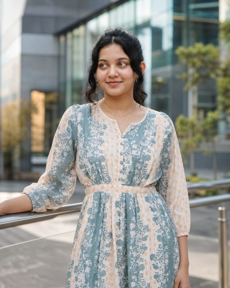Misty Morning Blue Floral Stripe Georgette Midi Dress – Dress