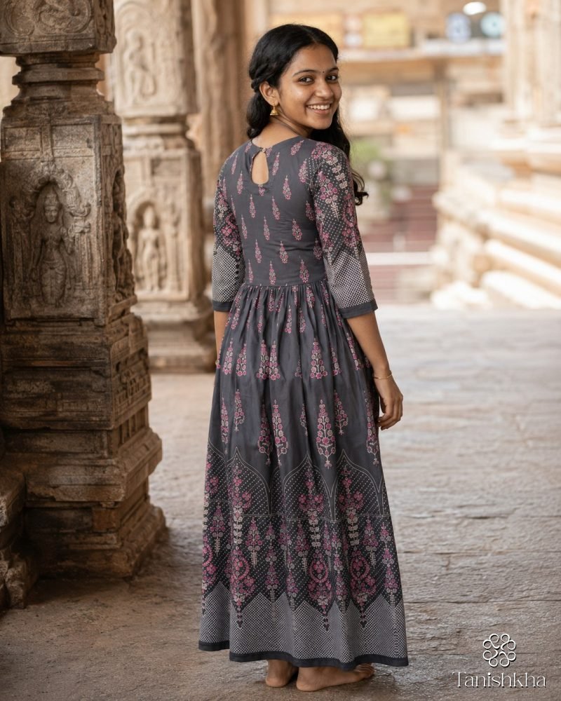 Royal Mughal Grace Printed Swiss Cotton Dress – Dark Ash Grey – view 5