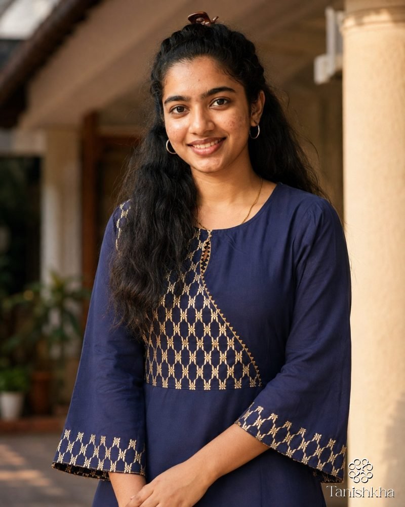 Indigo Lattice Gold Print Long A-Line Kurti – Navy Blue – view 4