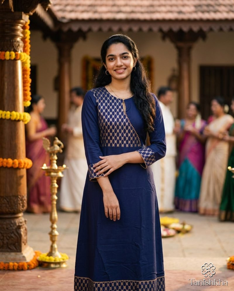 Indigo Lattice Gold Print Long A-Line Kurti – Navy Blue – view 7