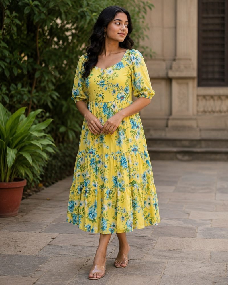 Sunlit Bloom Georgette Midi Dress – Yellow – view 8