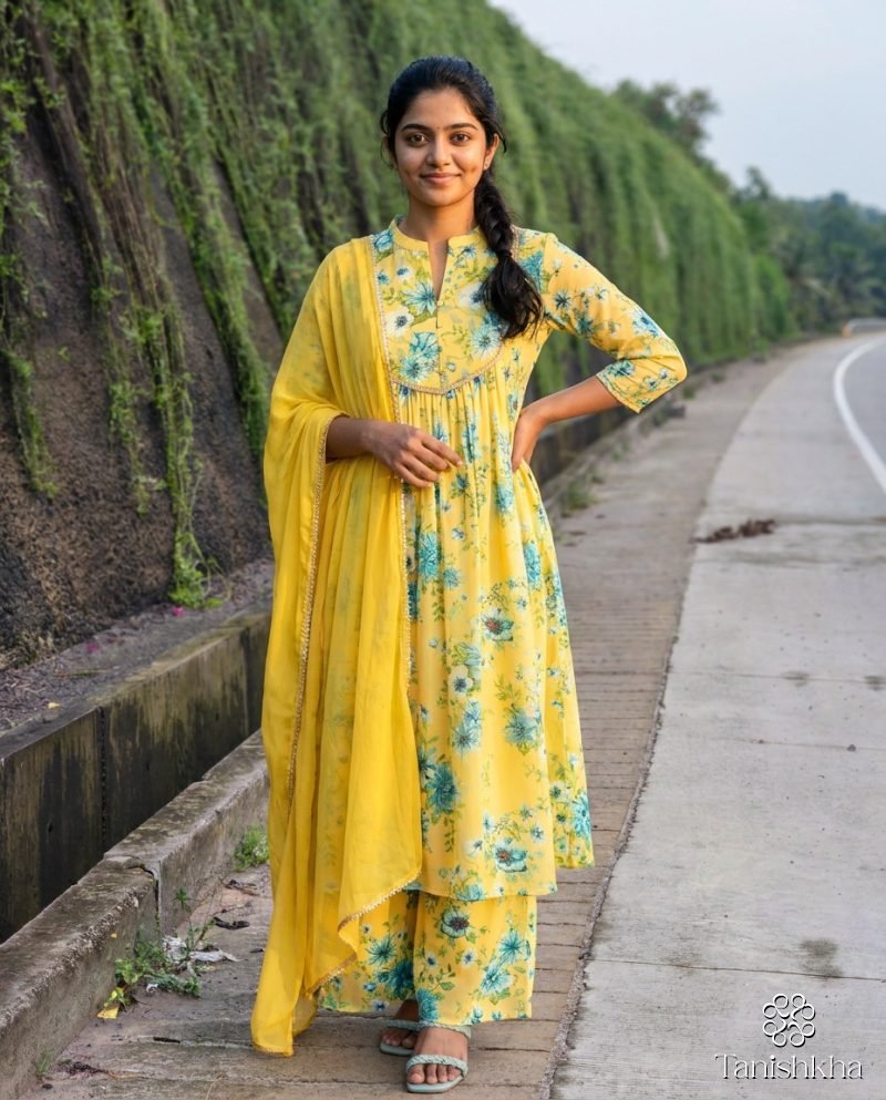 Lemon Meadow Yellow Floral Georgette Kurta Set with Dupatta – Yellow – view 7