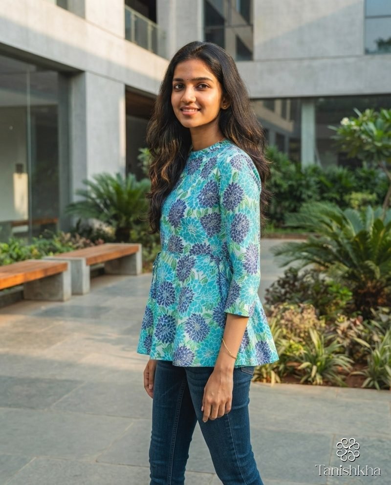 Aqua Dahlia Floral Cotton Peplum Top – White & Aqua – view 10