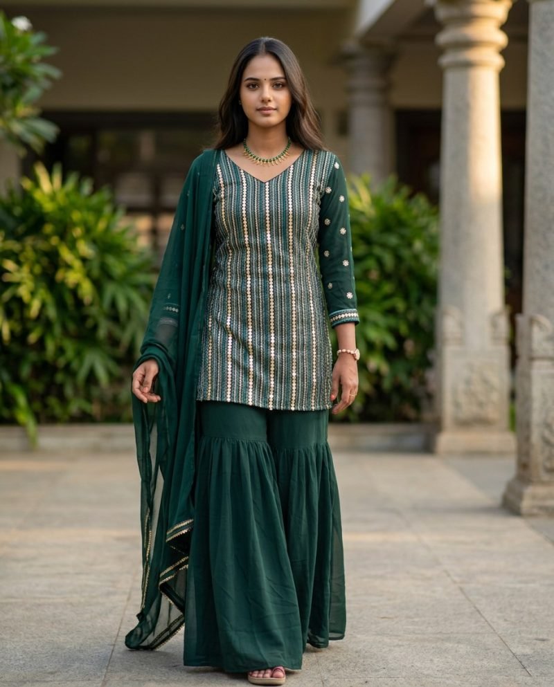 Emerald Evening Bottle Green Georgette Sharara Set – Bottle Green – view 7
