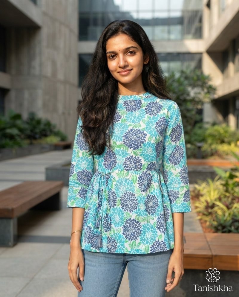 Aqua Dahlia Floral Cotton Peplum Top – White & Aqua – view 2