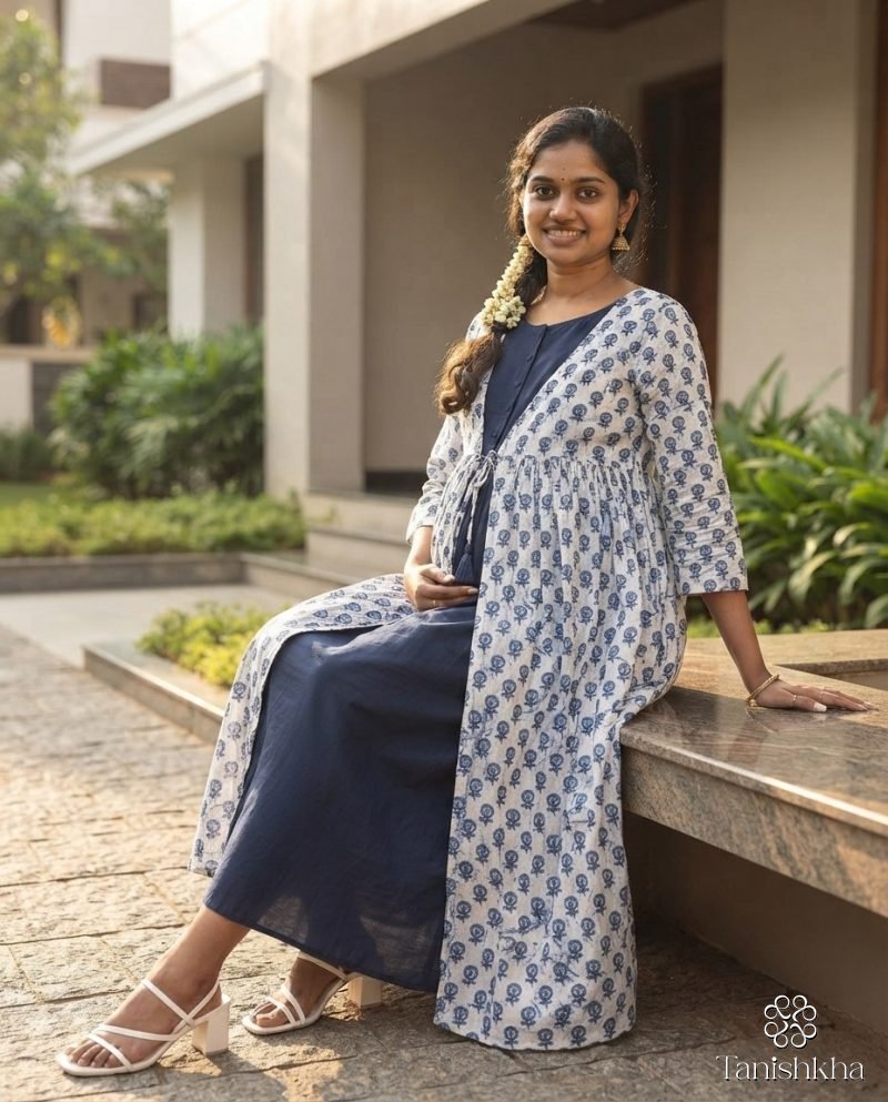 Indigo Buti Layered Maternity Maxi Dress – Blue & White – view 7