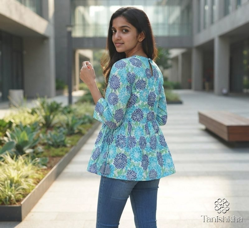 Aqua Dahlia Floral Cotton Peplum Top – White & Aqua – view 6