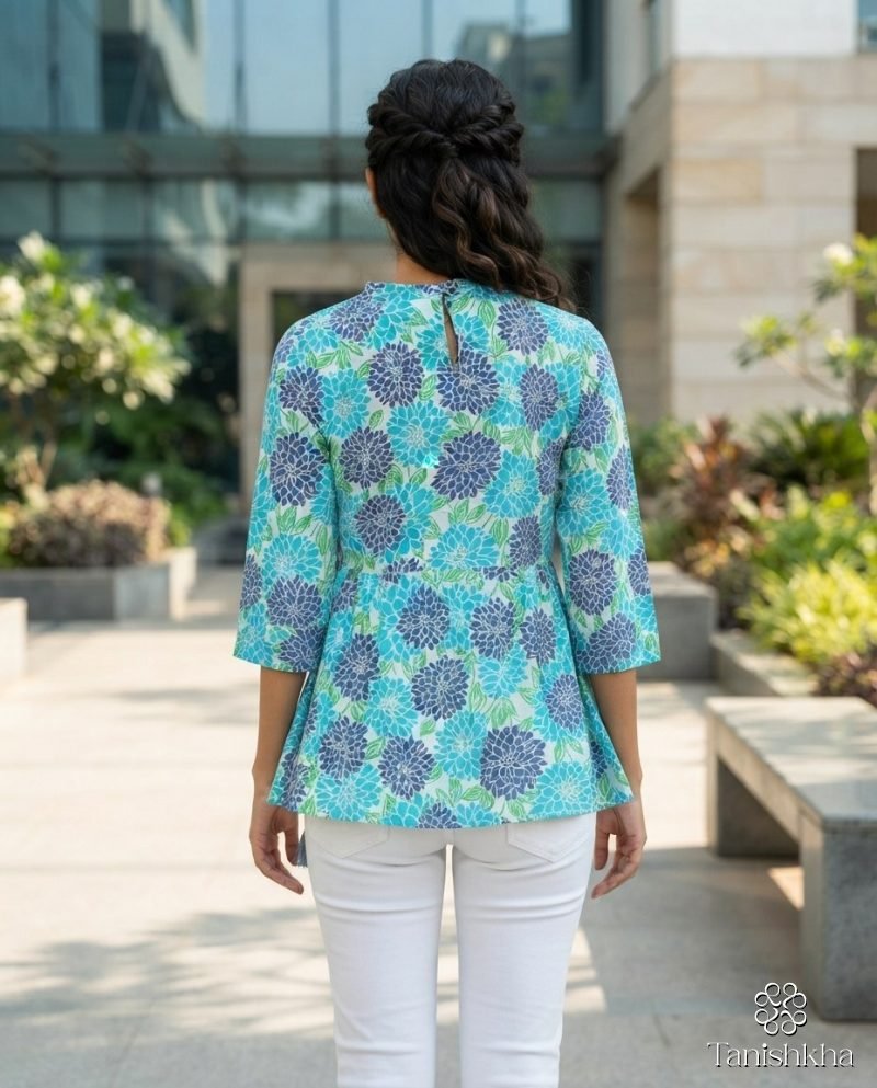 Aqua Dahlia Floral Cotton Peplum Top – White & Aqua – view 7