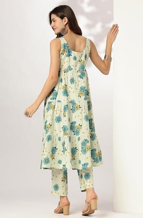 Mint Floral Pure Cotton Tiered Kurta Set – Mint – view 5