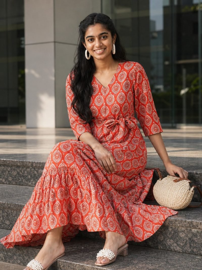 Coral Motif Ethnic Print Cotton Midi Dress – Coral Orange – view 4