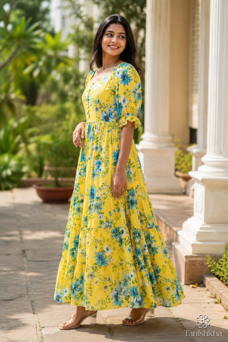 Sunlit Bloom Georgette Midi Dress – Yellow – view 2