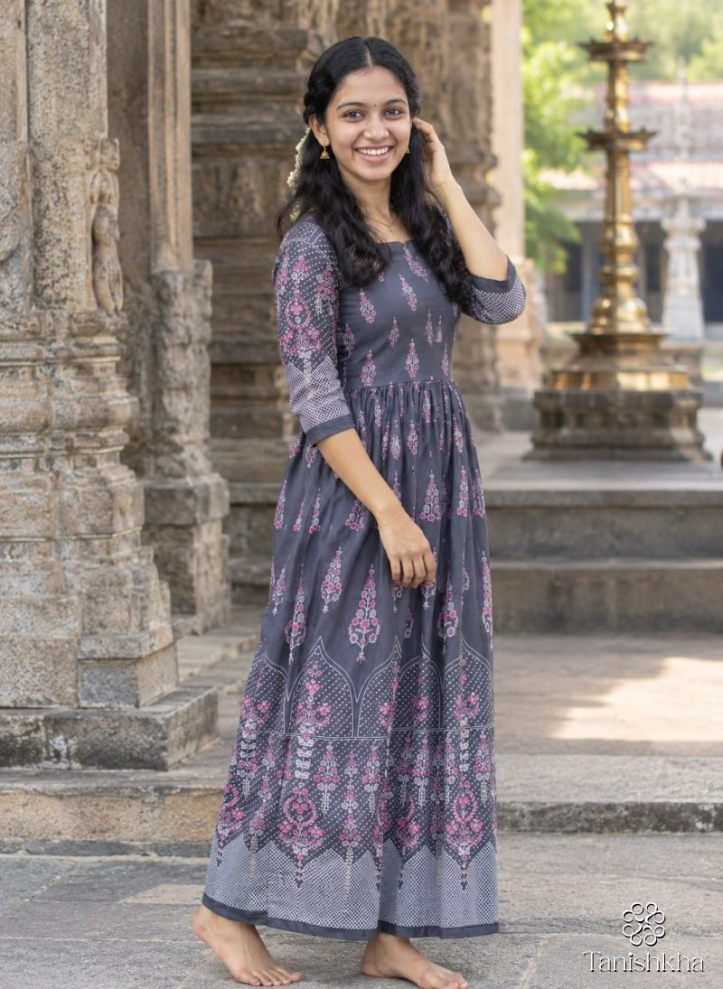 Royal Mughal Grace Printed Swiss Cotton Dress – Dark Ash Grey – view 4