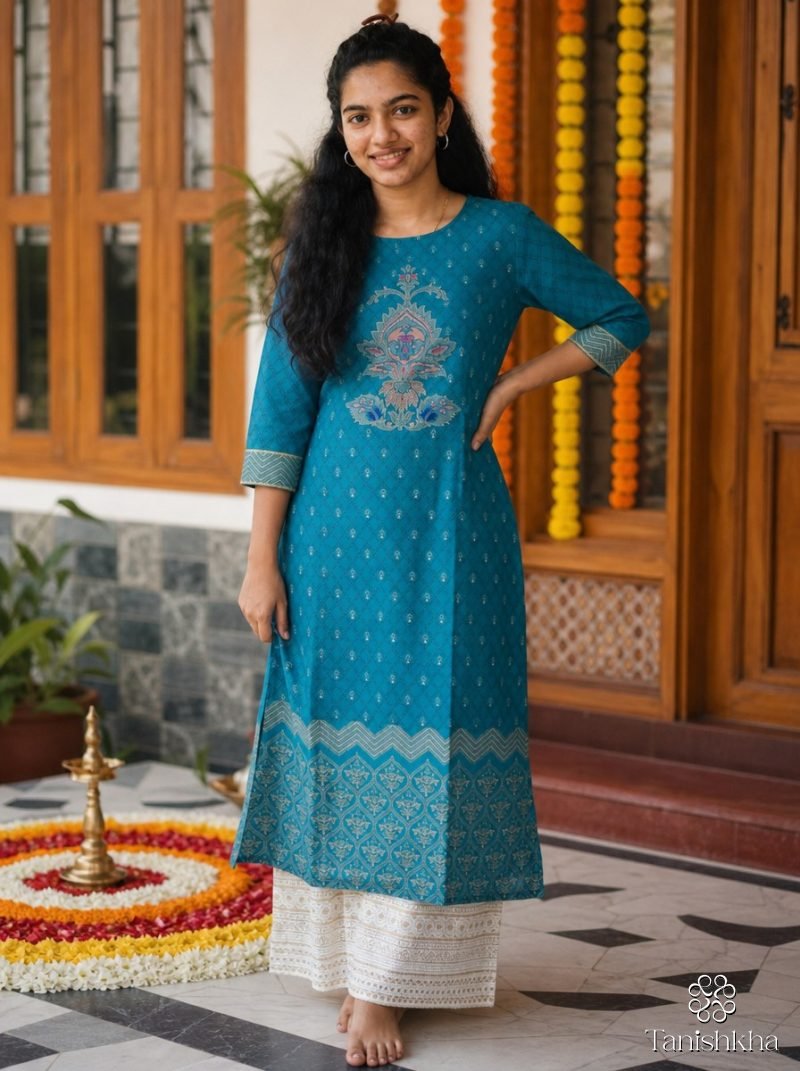 Peacock Blue Motif Print Straight Kurta Palazzo Set – Peacock Blue – view 9