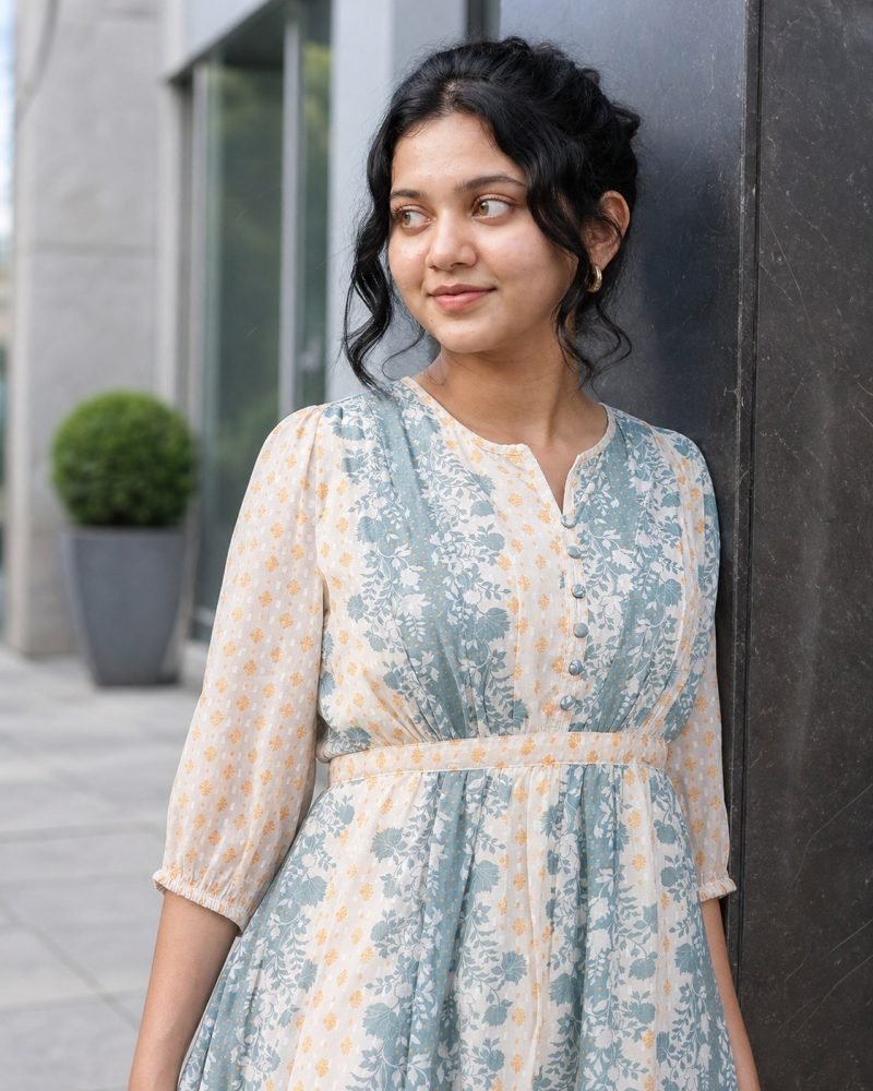 Misty Morning Blue Floral Stripe Georgette Midi Dress – Dusty Blue – view 6