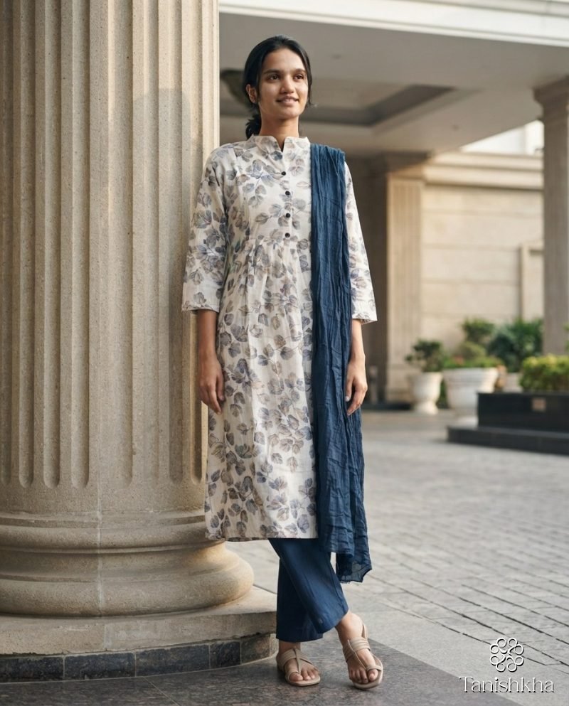 Ivory Leaf Print Kurta Set with Navy Dupatta – Ivory & Navy – view 11