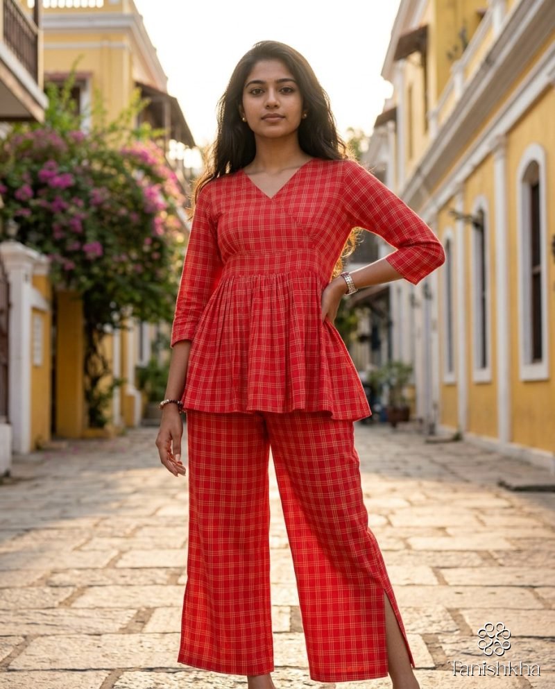 Cherry Check Red Gingham Peplum Co-ord Set – Red – view 5