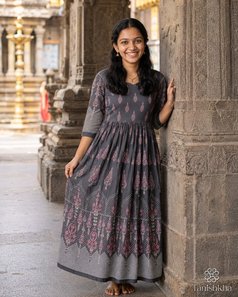 Royal Mughal Grace Printed Swiss Cotton Dress – Dark Ash Grey – view 2