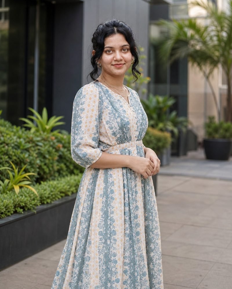 Misty Morning Blue Floral Stripe Georgette Midi Dress – Dusty Blue – view 3