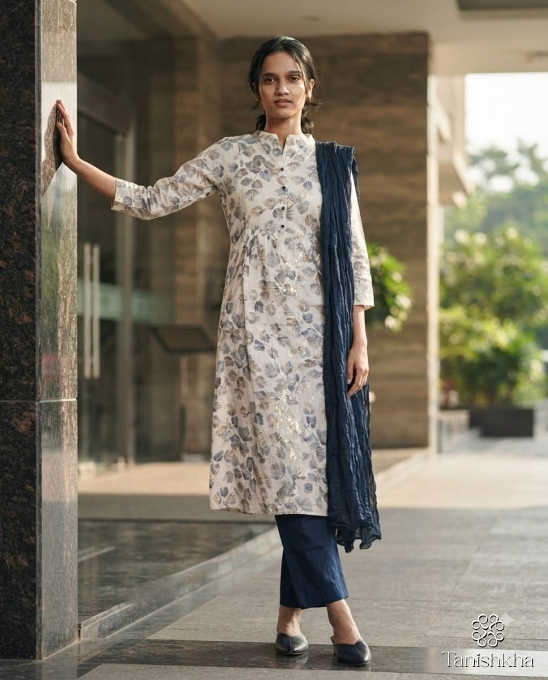 Ivory Leaf Print Kurta Set with Navy Dupatta – Ivory & Navy – view 13