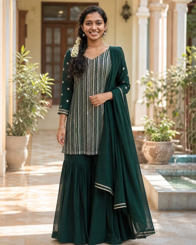 Emerald Evening Bottle Green Georgette Sharara Set – Bottle Green – view 2