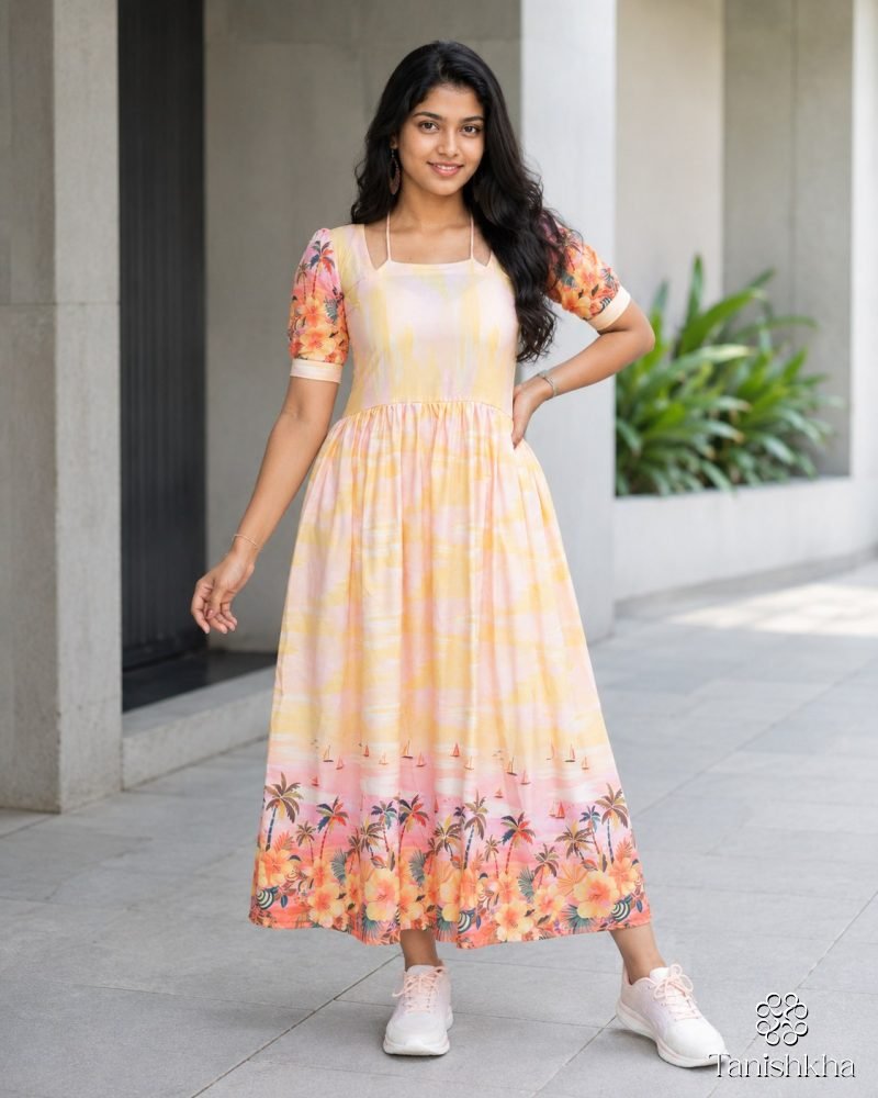 Tropical Sunset Printed Rayon Midi Dress – Peach Yellow – view 5