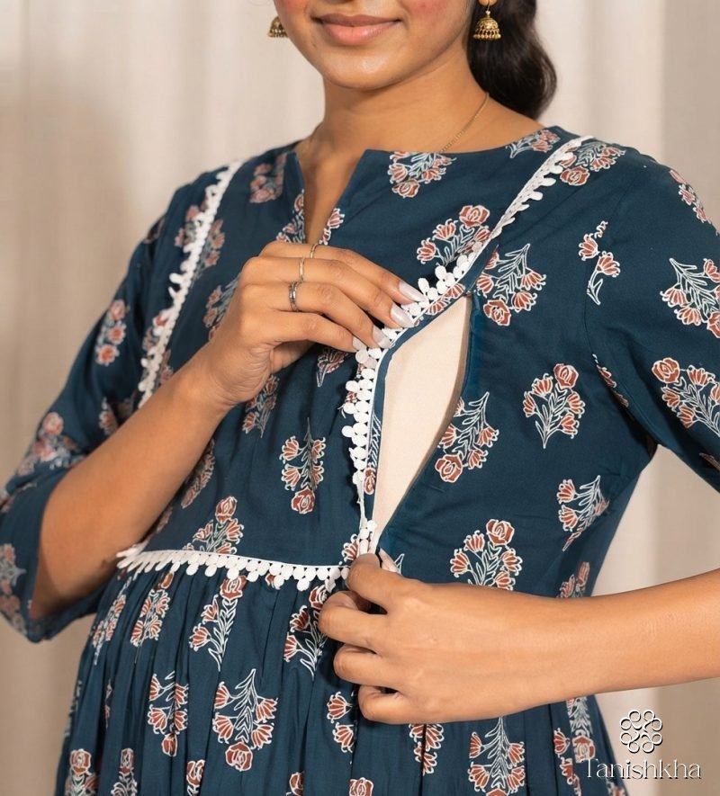Teal Floral Cotton Maternity Feeding Kurta Dress – Teal Blue – view 3