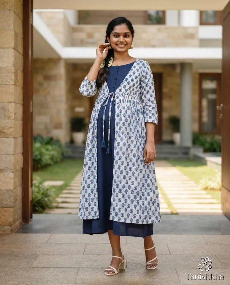 Indigo Buti Layered Maternity Maxi Dress – Blue & White – view 3