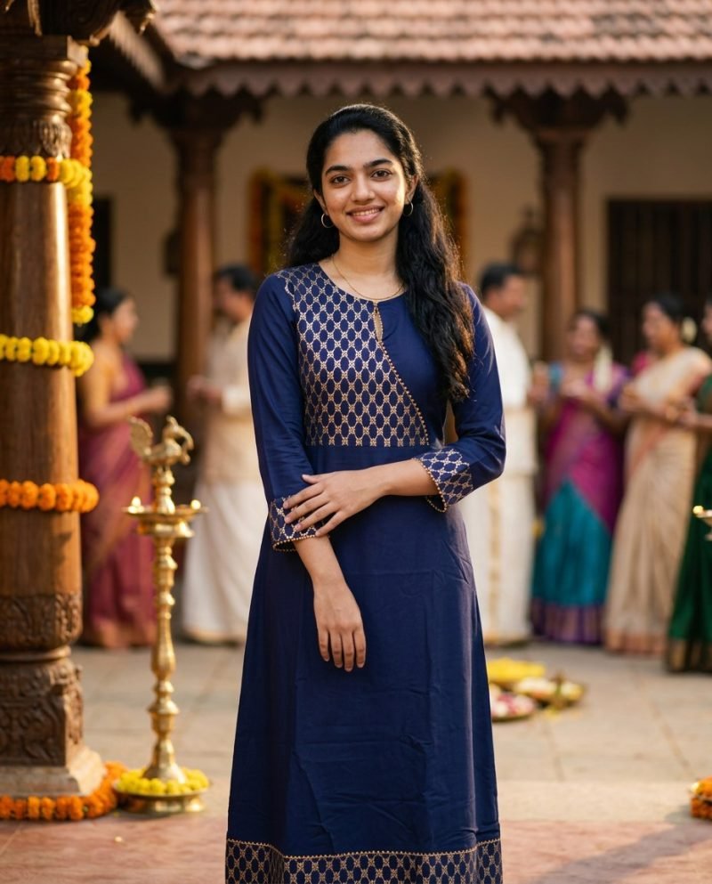 Indigo Lattice Gold Print Long A-Line Kurti – Navy Blue – view 7