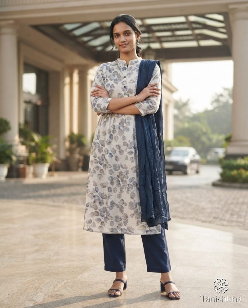 Ivory Leaf Print Kurta Set with Navy Dupatta – Ivory & Navy – view 8