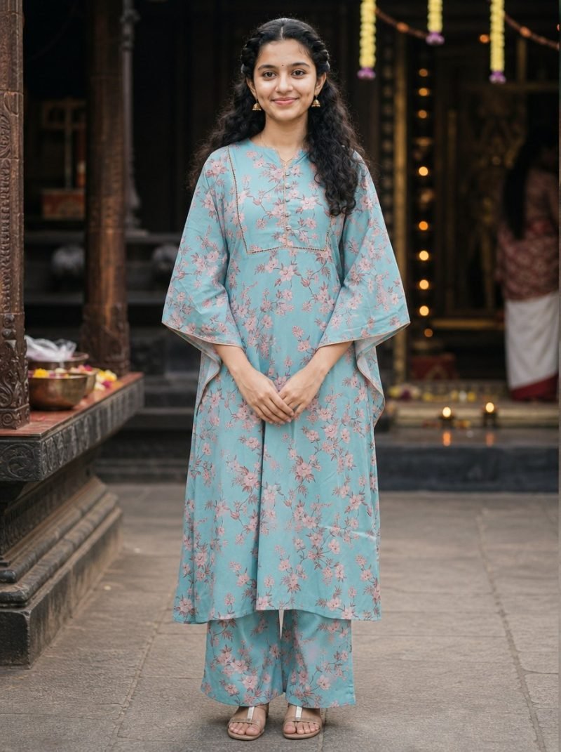 Sky Blossom Blue Floral Print Kurta Pant Set – Kurti Set