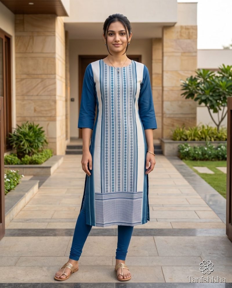 Indigo Weave Print Panel Straight Kurti (Pant not included) – Indigo Blue – view 1