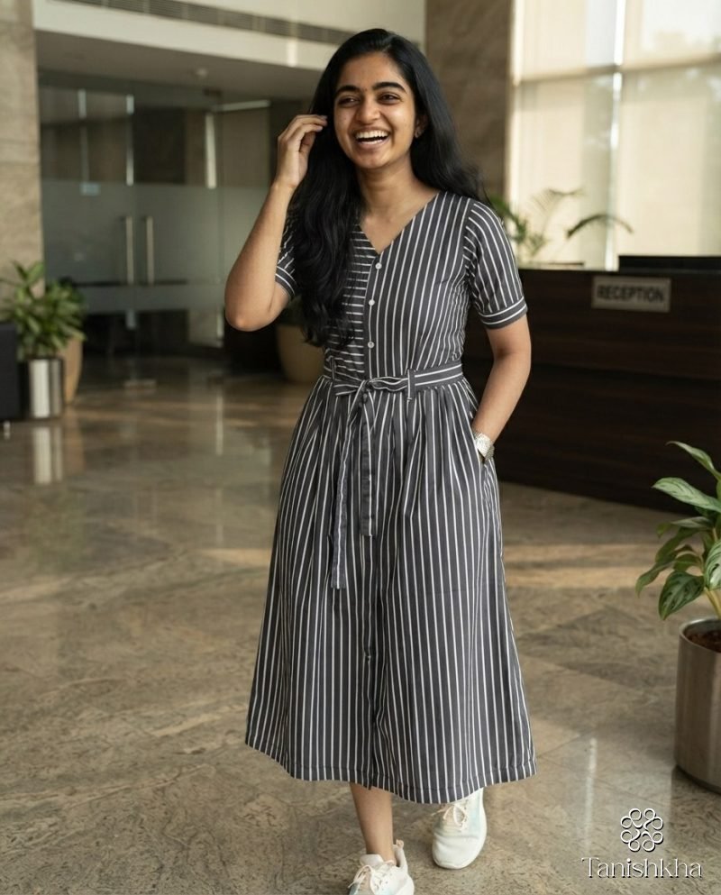 Urban Monochrome Striped Swiss Cotton Shirt Dress – Black and White – view 3