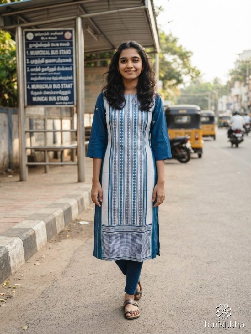 Indigo Weave Print Panel Straight Kurti (Pant not included) – Indigo Blue – view 4