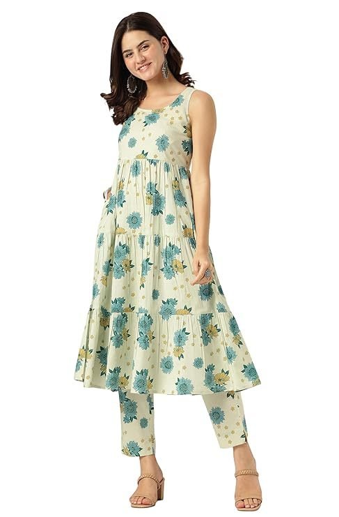 Mint Floral Pure Cotton Tiered Kurta Set – Mint – view 7
