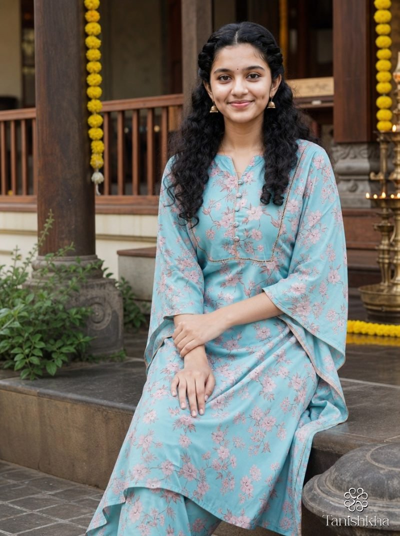 Sky Blossom Blue Floral Print Kurta Pant Set – Powder Blue – view 3