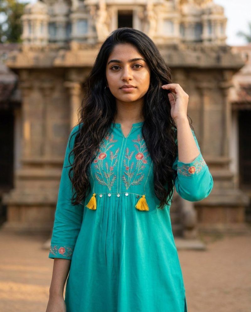 Teal Tassel Embroidered Short Kurti for Women – Turquoise – view 1