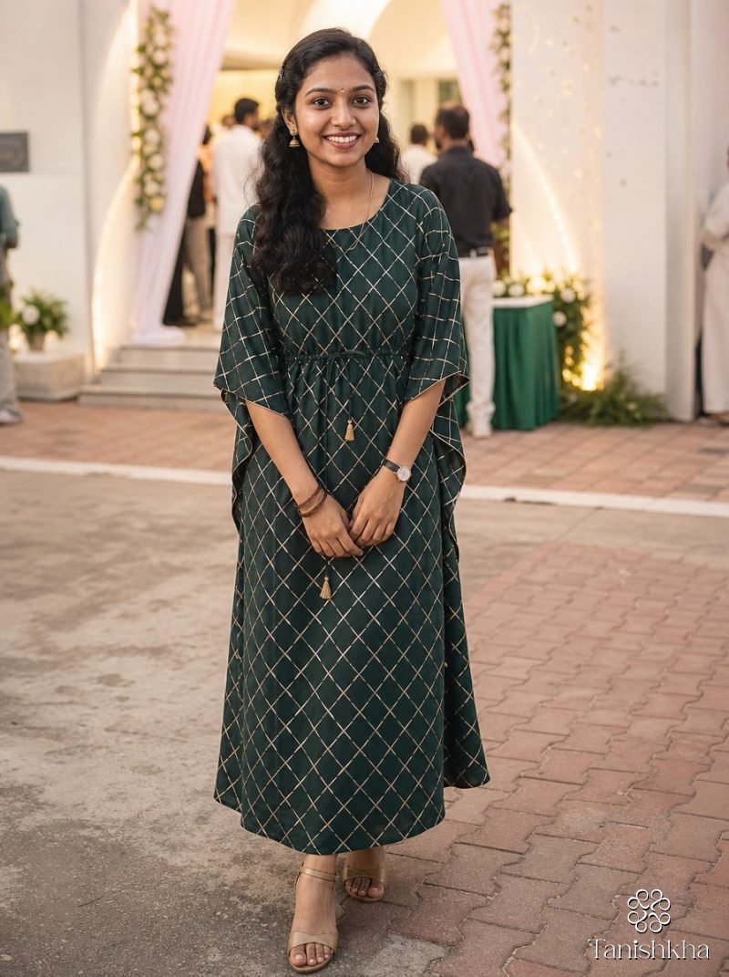 Emerald Check Gold Print Georgette Kaftan Kurti – Emerald Green – view 2