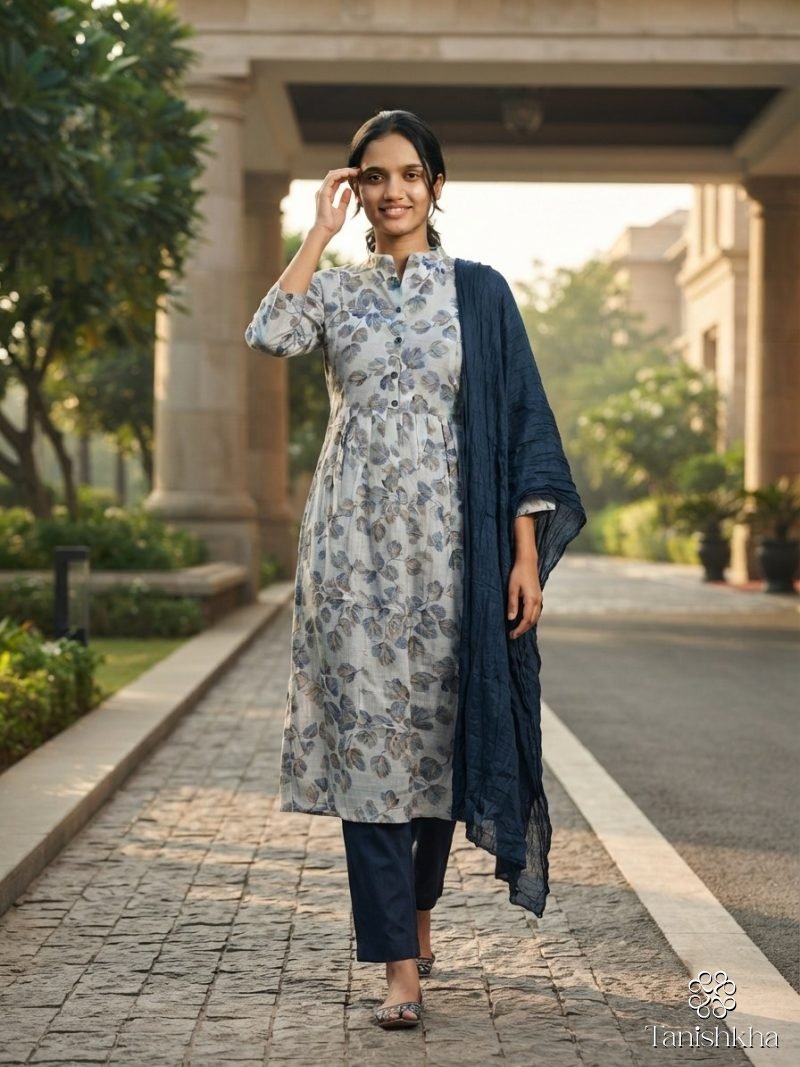 Ivory Leaf Print Kurta Set with Navy Dupatta – Ivory & Navy – view 1