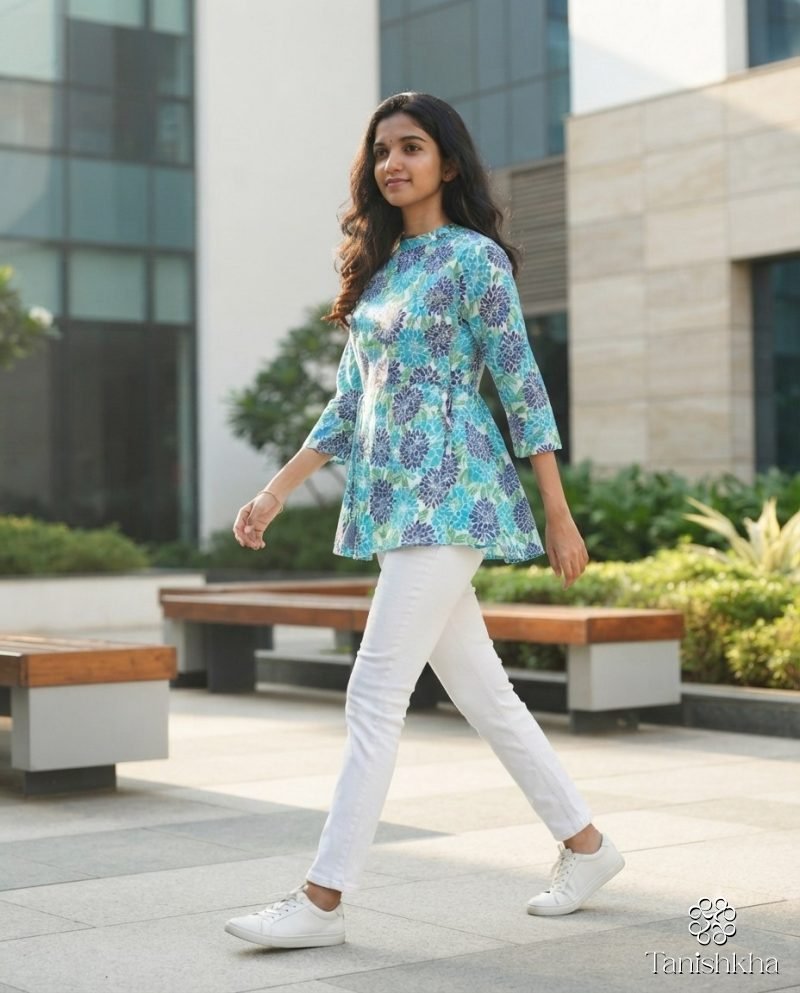 Aqua Dahlia Floral Cotton Peplum Top – White & Aqua – view 9