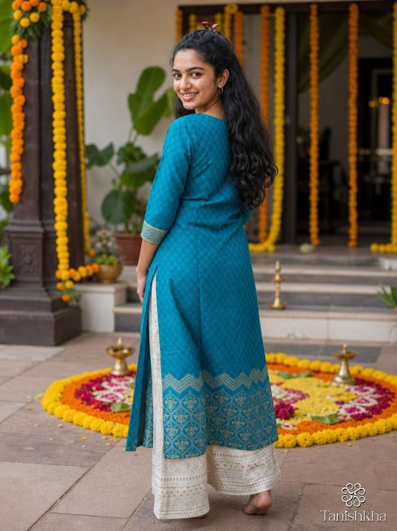 Peacock Blue Motif Print Straight Kurta Palazzo Set – Peacock Blue – view 4