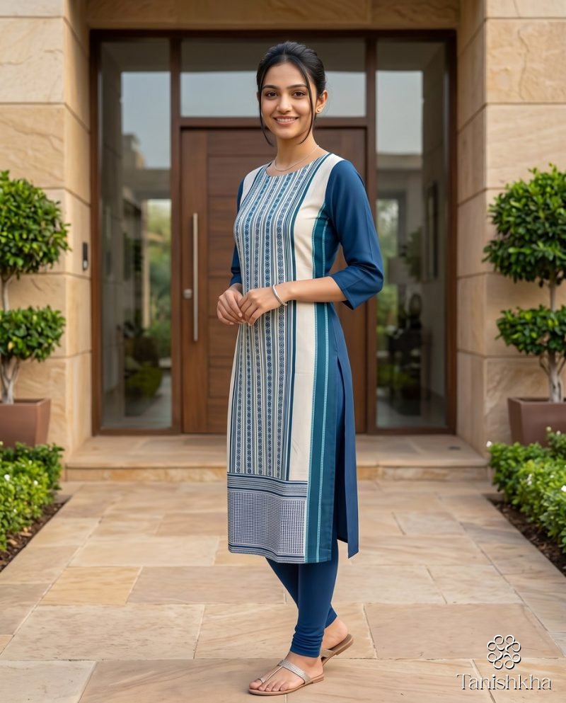 Indigo Weave Print Panel Straight Kurti (Pant not included) – Indigo Blue – view 3