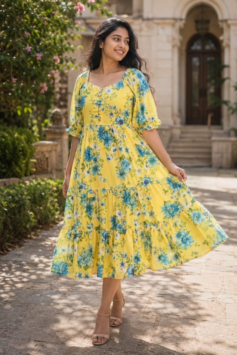 Sunlit Bloom Georgette Midi Dress – Yellow – view 5