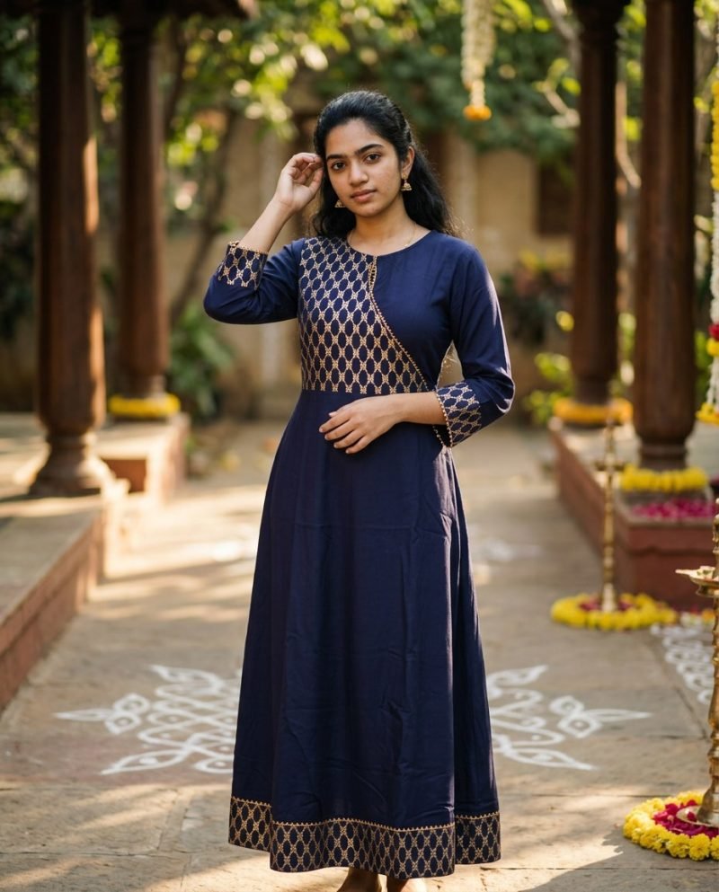 Indigo Lattice Gold Print Long A-Line Kurti – Navy Blue – view 6