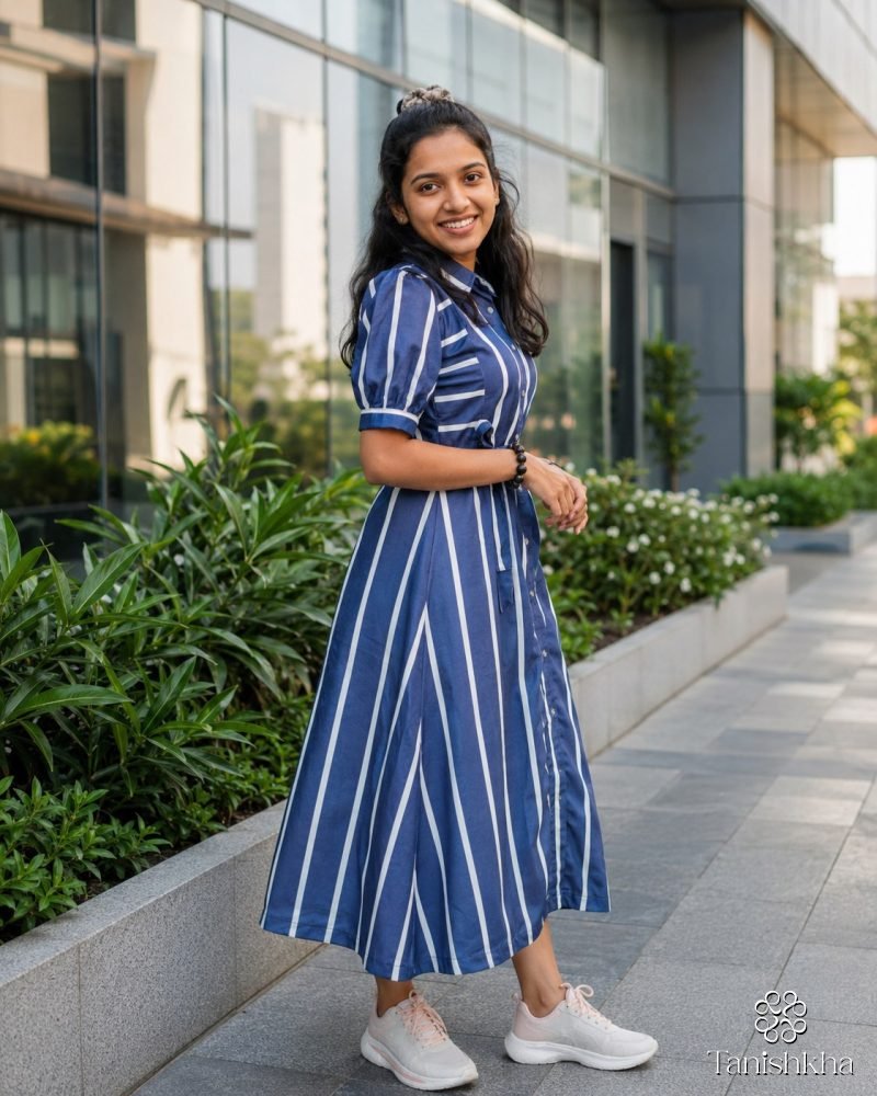Indigo Stride Striped Rayon Shirt Dress – Navy Blue – view 2
