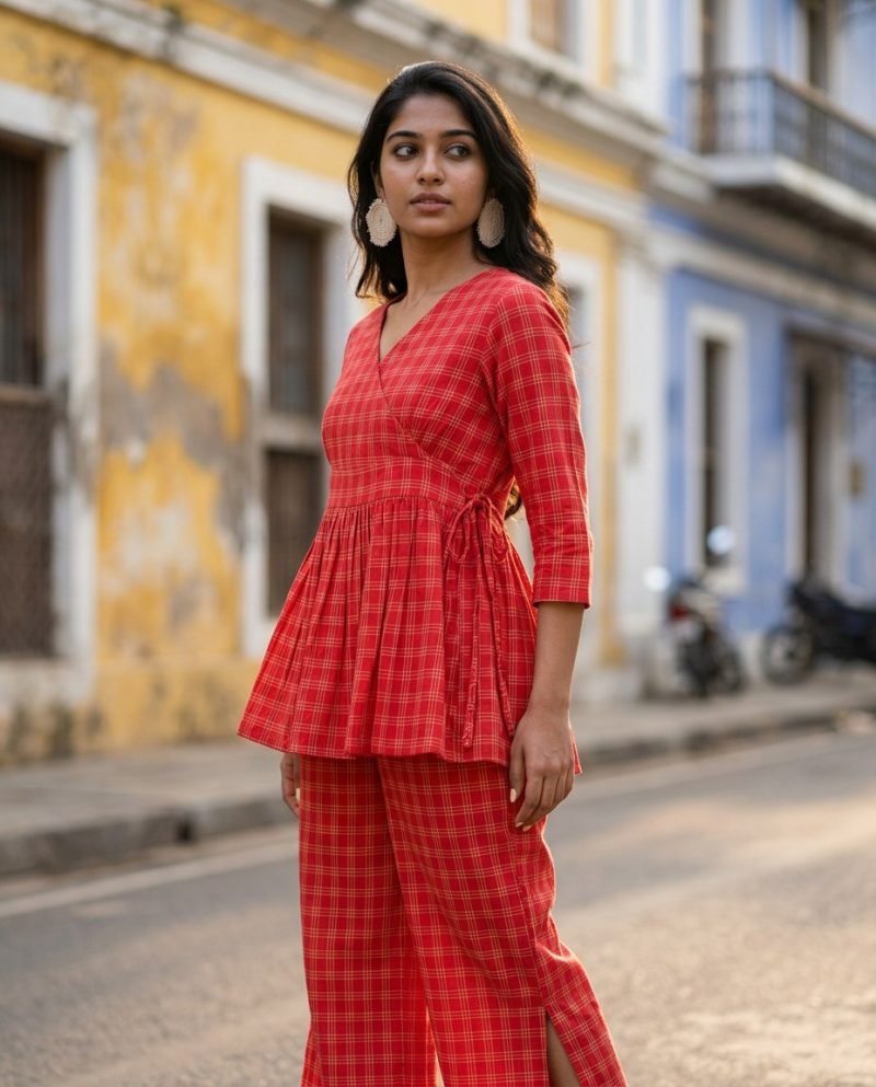 Cherry Check Red Gingham Peplum Co-ord Set – Red – view 4